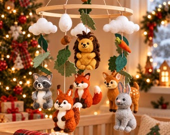 Woodland Animals Baby Mobile, Forest Crib Mobile, Felt Neutral Nursery Decor, Baby Crib Hanging Decoration, Christmas Gift for New Baby