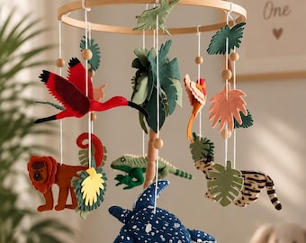 Safari Baby Mobile, Handmade Felt Jungle Animals, Tropical Nursery Decor
