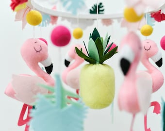 Flamingo baby mobile, Floral baby girl mobile, Tropical nursery decor, Crib toy