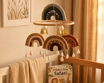 Handmade Safari Rainbow Baby Mobile | Jungle Nursery Decor | Zebra Tiger Giraffe Print Felt Mobile | Neutral Crib Mobile | New Baby Gift