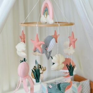 Whale mobile nursery Ocean crib mobile Baby girl mobile Octopus Jellyfish Stingray Shell mobile Rainbow mobile image 9