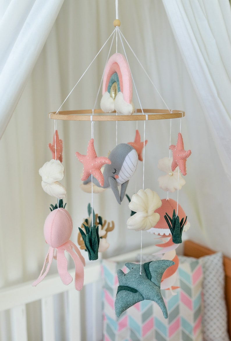 Whale mobile nursery Ocean crib mobile Baby girl mobile Octopus Jellyfish Stingray Shell mobile Rainbow mobile image 9