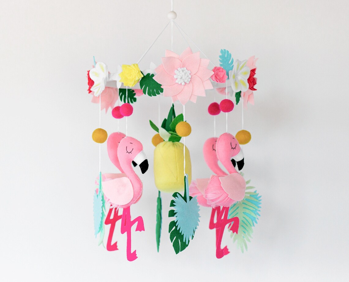 Pink flamingo baby mobile Floral baby girl mobile Tropical Etsy
