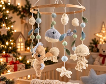 Crochet Baby Mobile with Sea Animals, Amigurumi Under the Sea Crib Mobile, Coastal Baby Nursery Decor, Baby Shower Gift, First Christmas