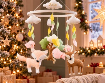 Custom Name Woodland Baby Mobile, Personalized Crib Hanging with Forest Animals, Nursery Keepsake, Baby Room Accessories, Xmas Baby Gift