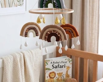 Handmade Safari Rainbow Baby Mobile | Jungle Nursery Decor | Zebra Tiger Giraffe Print Felt Mobile | Neutral Crib Mobile | New Baby Gift