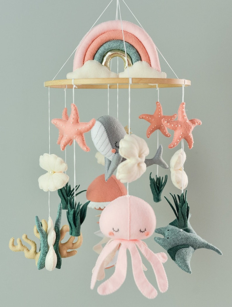 Whale mobile nursery Ocean crib mobile Baby girl mobile Octopus Jellyfish Stingray Shell mobile Rainbow mobile image 7