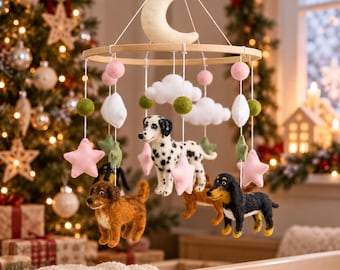 Custom Dog Crib Mobile with Felt Puppies, Personalized Nursery Hanging Decor, Wooden Hoop Crib Decoration, Christmas Gift for Baby