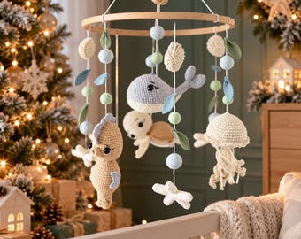 Crochet Baby Mobile with Sea Animals, Ocean Baby Mobile, Under the Sea Nursery, Nautical Baby Room Accessories, Christmas Gift for Baby