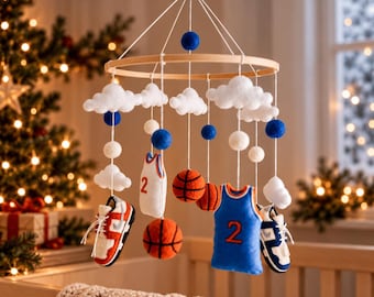 Basketball Baby Mobile, Sports Theme Crib Mobile, Baby Boy Nursery Decor, Handmade Christmas Gift, Wooden Crib Hanging, Newborn Gift for Boy