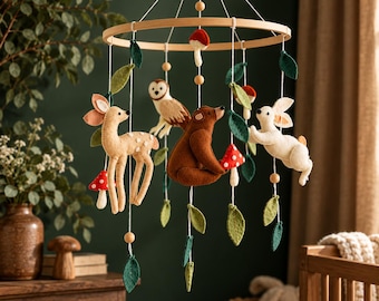 Felt Forest Animals Crib Hanging, Woodland Theme Baby Mobile, Cottagecore Nursery Accessories, Natural Wood Hoop, Gender Neutral Baby Gift