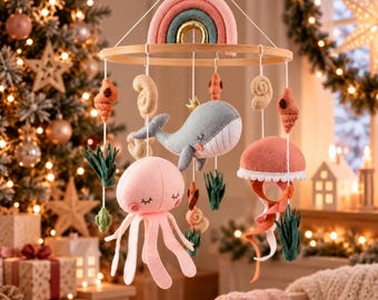 Felt Whale and Octopus Crib Hanging, Handmade Sea Animals Baby Mobile, Baby Boy Keepsake, Under the Sea Nursery Decor, Baby First Christmas