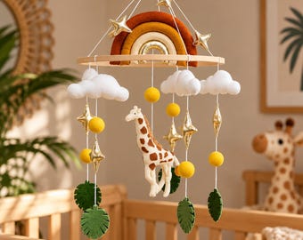 Giraffe Baby Mobile, Safari Rainbow Crib Mobile, Jungle Nursery Decor, Handmade Felt Animals, Boho Baby Room Accessories, Xmas Baby Gift