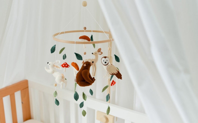 Mobile woodland Crib baby mobile neutral Fairytale woodland boho nursery mobile Mushroom mobile image 5