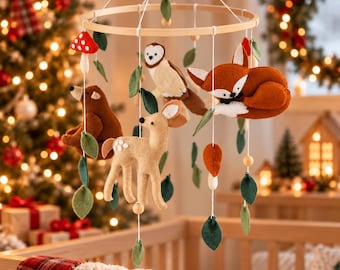 Forest Crib Mobile, Nature Inspired Nursery Mobile, Wooden Hoop with Felt Forest Creatures, Woodland Baby Room Accessories, Xmas Baby Gift