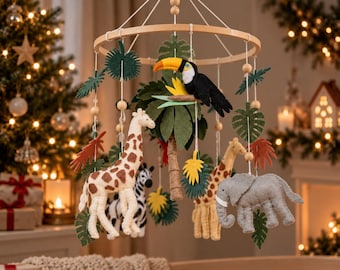 Tropical Birds & Jungle Animals, Handmade Felt Crib Decor, Christmas Gift for Baby, Wooden Hanging Mobil, Safari Nursery Decor, First Xmas