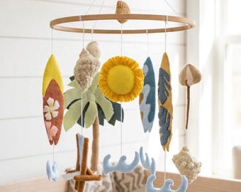 Beach Nursery Mobile | Surfer Baby Mobile | Ocean Crib Mobile | Felt Coastal Decor | Boy Nursery Mobile | Surfboard Mobile | Shark Sun Waves