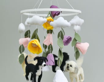 Dog baby mobile custom Pets nursery hanging decor Floral baby girl mobile baby Baby shower gift