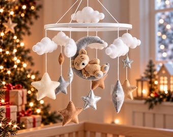 Teddy Bear Crib Mobile, Neutral Nursery Room Decor, Handmade Felt Mobile, Christmas Gift for Newborn, Nursery Accessories for Boys and Girls