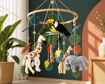 Wooden Hoop Baby Mobile with Handmade Felt Jungle Animals, Tropical Nursery Decor, Crib Hanging, Baby Gift, Safari Baby Room Accessories