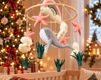 Whale Baby Mobile, Ocean Crib Mobile, Handmade Felt Nursery Decor, Under the Sea Baby Room, Coastal Baby Room Accessories, Xmas Baby Gift