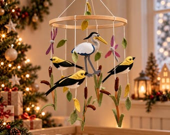 Birds and Dragonflies Baby Mobile, Handmade Felt Animal Hanging Crib Decor for Nursery, Wooden Crib Mobile, Christmas Gift for Newborn,