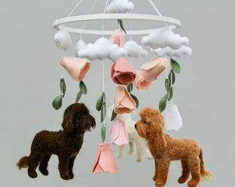 Custom dog mobile baby Needle felted  pets mobile Felted animals mobile Felted custom nursery Floral mobile Baby shower gift