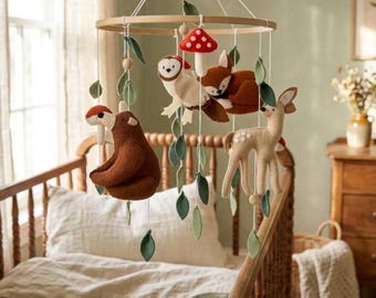Woodland Baby Mobile, Forest Animals Nursery Decor, Felt Fox Bear Deer Owl Crib Mobile, Personalized Baby Shower Gift