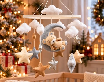 Teddy Bear Baby Mobile, Moon and Stars Crib Mobile, Handmade Nursery Decor, Baby Cot Hanging, Xmas Gift for New Parents, Baby Cot Hanging