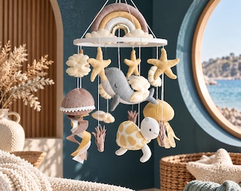 Baby Mobile with Sea Creatures, Pastel Marine Life Decor, Nursery Accessories, Ocean Themed Baby Shower Gift, Handmade Coastal Crib Hanging