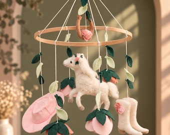 Western Baby Mobile, Cowgirl Nursery Decor, Horse Crib Mobile, Pink Country Baby Shower Gift, Boho Western Mobile, Equestrian Nursery Art