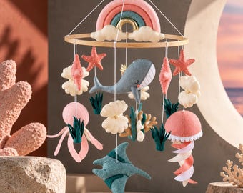 Marine Creature Baby Crib Decor, Handmade Felt Ocean Animals, Under the Sea Nursery Ceiling Hanging, Coastal Mobile, Gift for Newborn