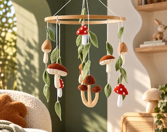 Mushroom Woodland Nursery Decor, Handmade Forest Theme Baby Mobile, Hanging Felt Wood Crib Accessories, Gender Neutral Baby Shower Gift