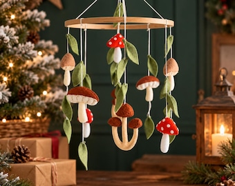 Wool Mushrooms Baby Mobile, Woodland Crib Decor, Forest Nursery Hanging Decor, Сhristmas baby gift, Cottagecore Baby Room Accessories
