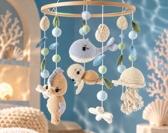 Crochet Sea Animals Baby Mobile with Wood Hoop, Ocean Crib Mobile, Sea Life Nursery Hanging for Boy or Girl, Under the Sea Nursery Decor