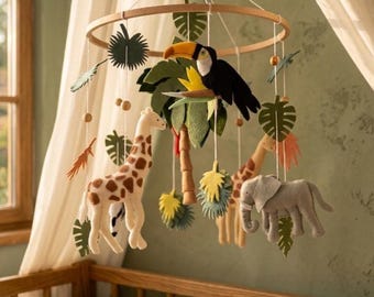 Safari Baby Mobile, Cottagecore Nursery Decor, Felt Animal Crib Mobile, Gender Neutral Baby Shower Gift, Boho Nursery Hanging Mobile