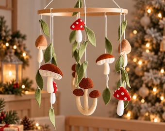 Mushroom Baby Mobile, Handmade Felt Crib Mobile, Woodland Nursery Decor, Christmas Gift for Baby, Baby Shower Gift, Forest Nursery Decor