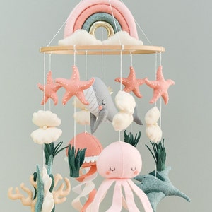 Whale mobile nursery Ocean crib mobile Baby girl mobile Octopus Jellyfish Stingray Shell mobile Rainbow mobile image 2