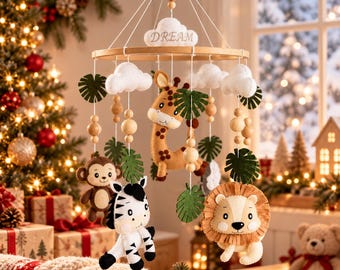Handmade Jungle Animals Crib Mobile, Felt Giraffe, Zebra, Lion & Monkey, Wooden Nursery Decor, Christmas Baby Gift, African Animals Mobile