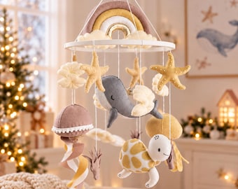 Ocean Crib Mobile with Whale & Sea Turtle, Handmade Felt Sea Animals, Under the Sea Nursery Decor, Nautical Crib Mobile, Baby's Xmas Gift