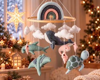 Ocean Creatures Baby Mobile, Whale and Sea Turtle Crib Hanging, Coastal Baby Room Accessories, Nursery Decor, Baby's First Holiday Gift