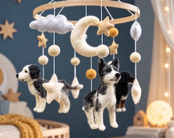 Custom Pet Portrait Baby Mobile, Handmade Wool Felt Puppies with Moon and Stars, Neutral Nursery Decor, Baby Crib Hanging, Gift for Newborn