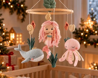 Mermaid Baby Mobile for Girl, Under the Sea Crib Mobile, Handmade Felt Ocean Animals, Nursery Room Decoration, Christmas Baby Gift