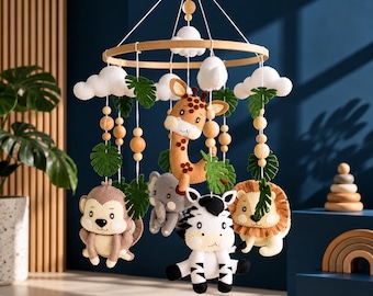 Wildlife Baby Mobile, Gender Neutral Baby Room Decor, Jungle Animal Crib Hanging, Newborn Baby Gift, Woodland Wool Toy, Nursery Accessories