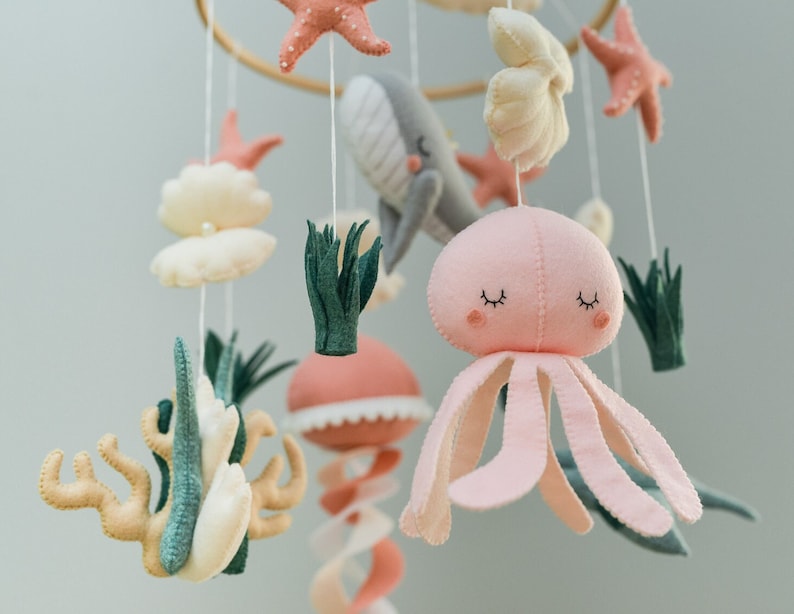 Whale mobile nursery Ocean crib mobile Baby girl mobile Octopus Jellyfish Stingray Shell mobile Rainbow mobile image 5