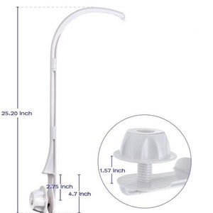 May include: White plastic baby crib mobile arm with a 25.20 inch long arm and a 2.75 inch base. The arm has a 4.7 inch long base and a 1.57 inch diameter screw-on attachment.