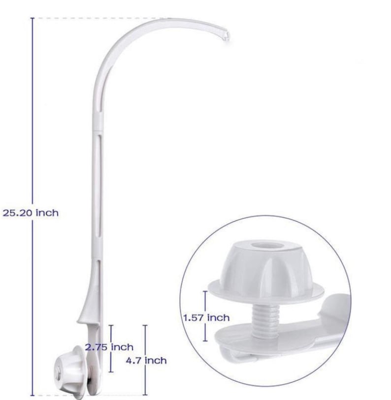 May include: White plastic baby crib mobile arm with a 25.20 inch long arm and a 2.75 inch base. The arm has a 4.7 inch long base and a 1.57 inch diameter screw-on attachment.