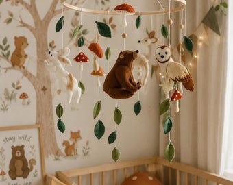 Woodland Baby Mobile, Forest Mushroom Mobile, Neutral Nursery Decor, Bear Deer Owl Mobile, Baby Shower Gift