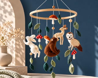 Handmade Felt Forest Animal Crib Mobile, Woodland Creatures Nursery Mobile, Baby Room Hanging Decor, Woodland Animals Baby Shower Gift
