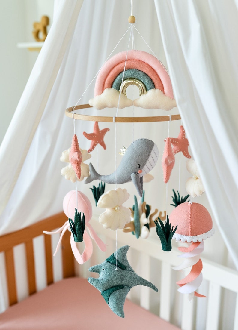 Whale mobile nursery Ocean crib mobile Baby girl mobile Octopus Jellyfish Stingray Shell mobile Rainbow mobile image 1